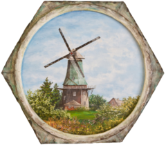 Windmühle, Gemälde mit rundem Rahmen