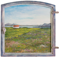 Haus in Landschaft, Gemälde, gerahmt in altem Fenster